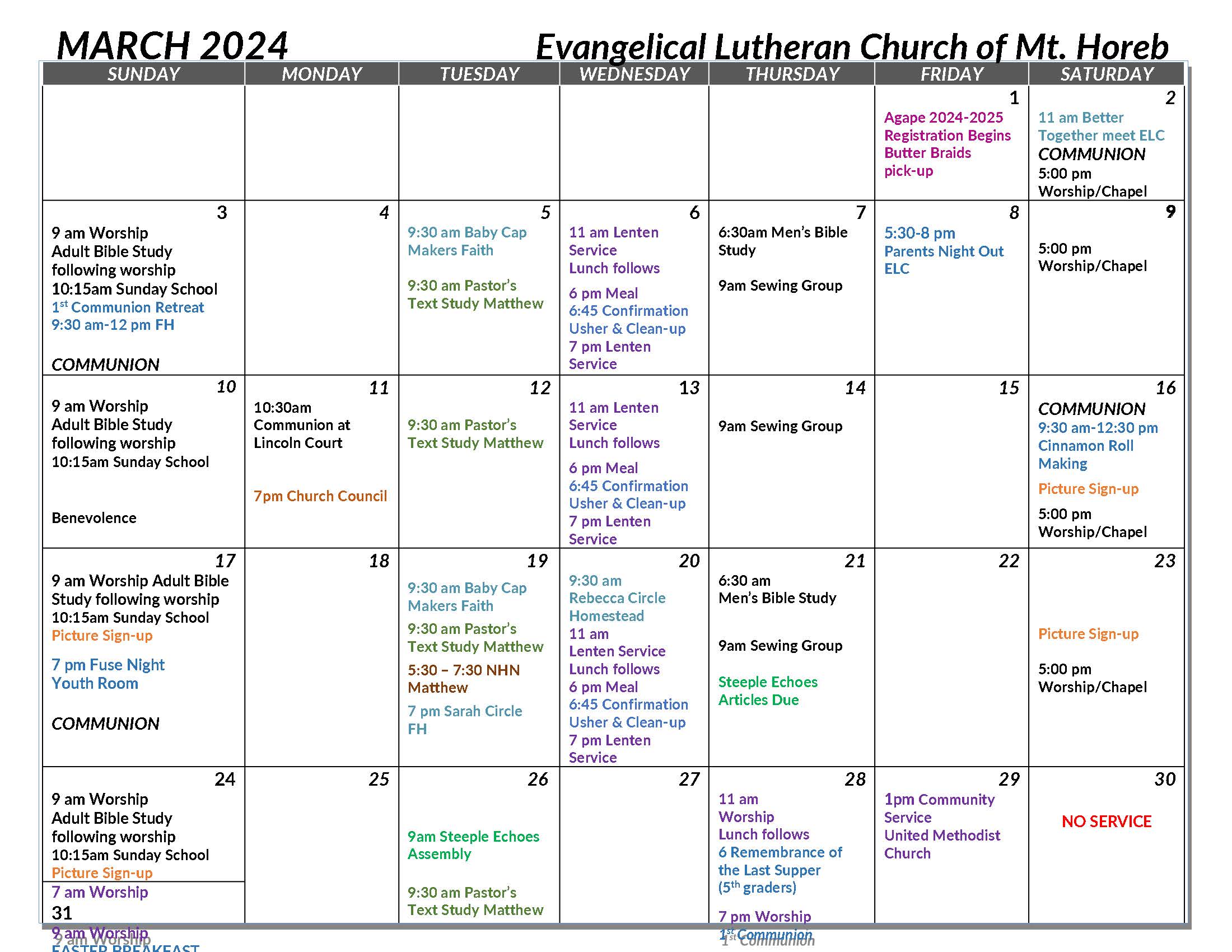 Calendar – Evangelical Lutheran Church Of Mt. Horeb